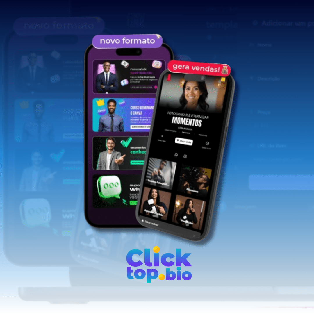 Interface da plataforma ClickTop mostrando a criação de um link na bio moderno e personalizado com botões, vídeos e redes sociais — ideal para Instagram e TikTok.